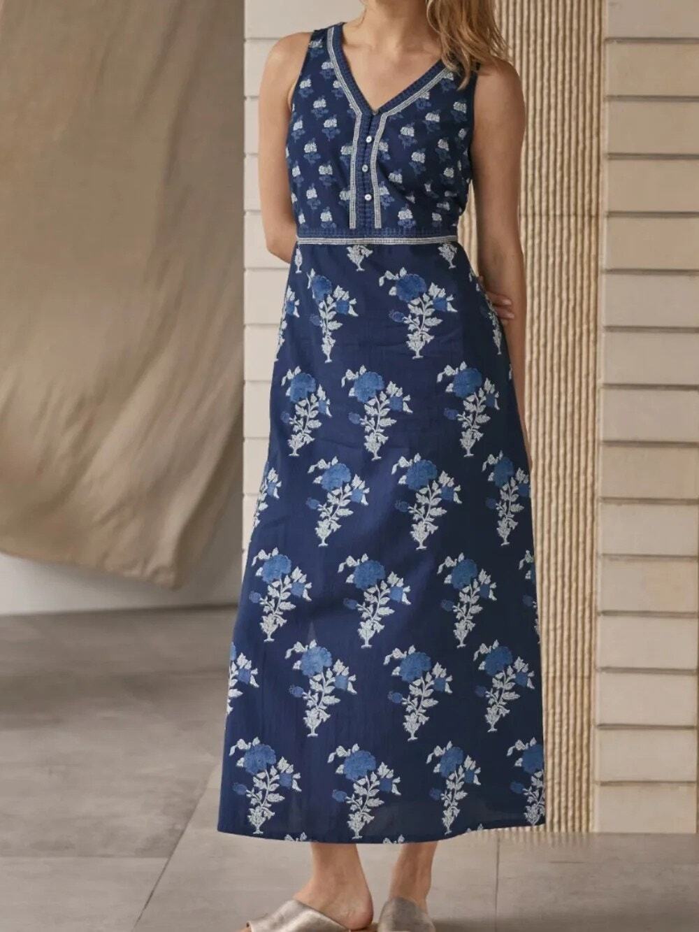 J Jill Navy Blue Floral 100 Cotton Summer Maxi Dress Size Large